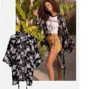 Spiritual Gangster • Maya floral Kimono Robe Beach Coverup O/S black white flowy